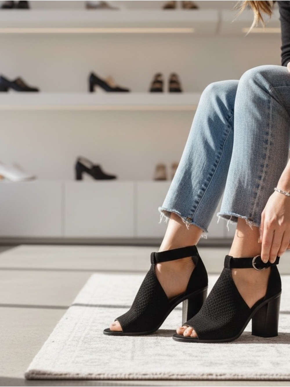 Marc Fisher Black Suede Open-Toe Block Heel Sandals with Ankle Strap